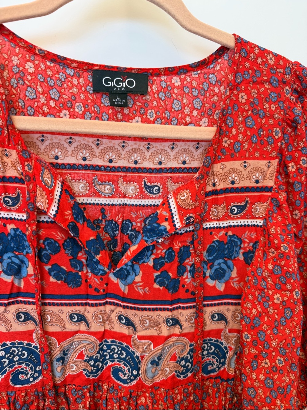 GGO Red Boho Tassel Dress with Navy Floral Panels - Picture 2 of 3